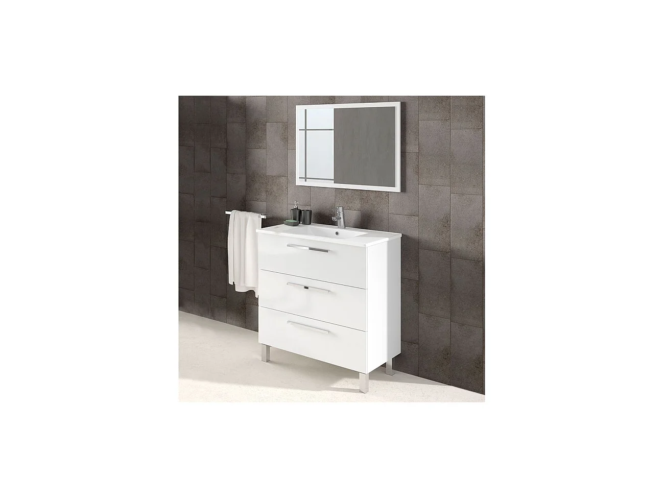 Mueble de baño blanco Athena 3 cajones + espejo Blanco brillo