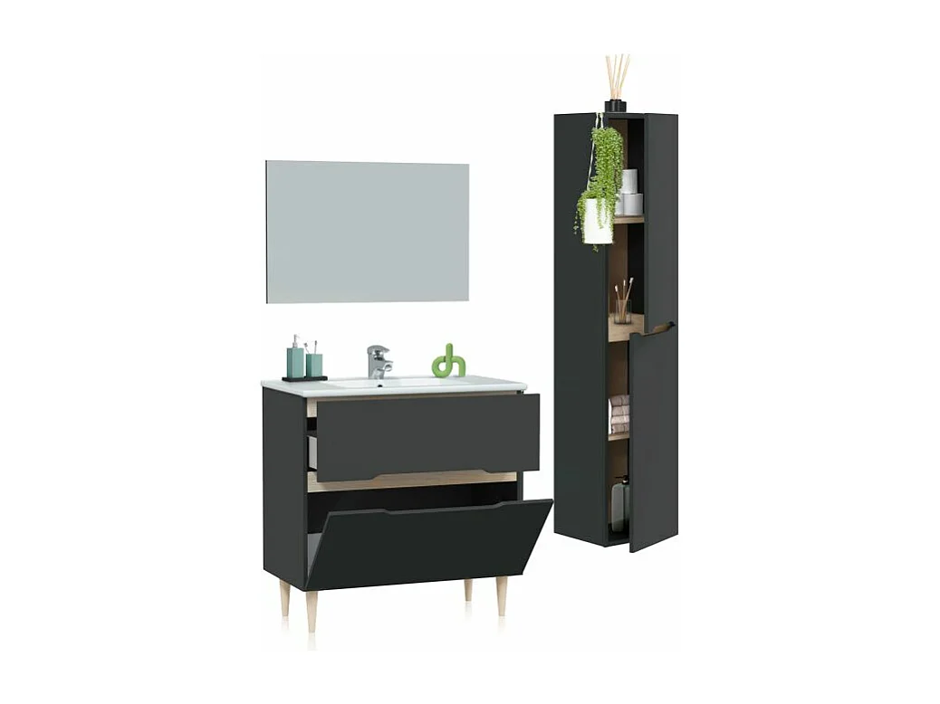 Pack de baño con lavabo y columna Opera 80 Antracita - Roble
