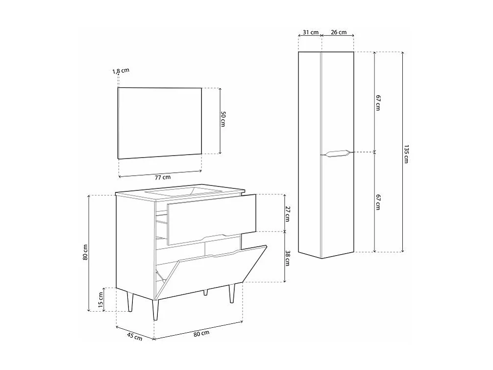 Pack de baño con lavabo y columna Opera 80 Antracita - Roble