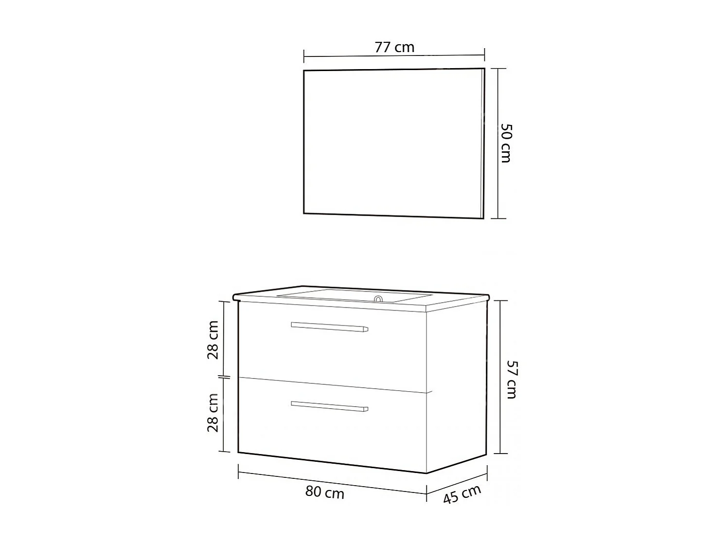 Móvel de casa de banho Aruba 2 gavetas + espelho