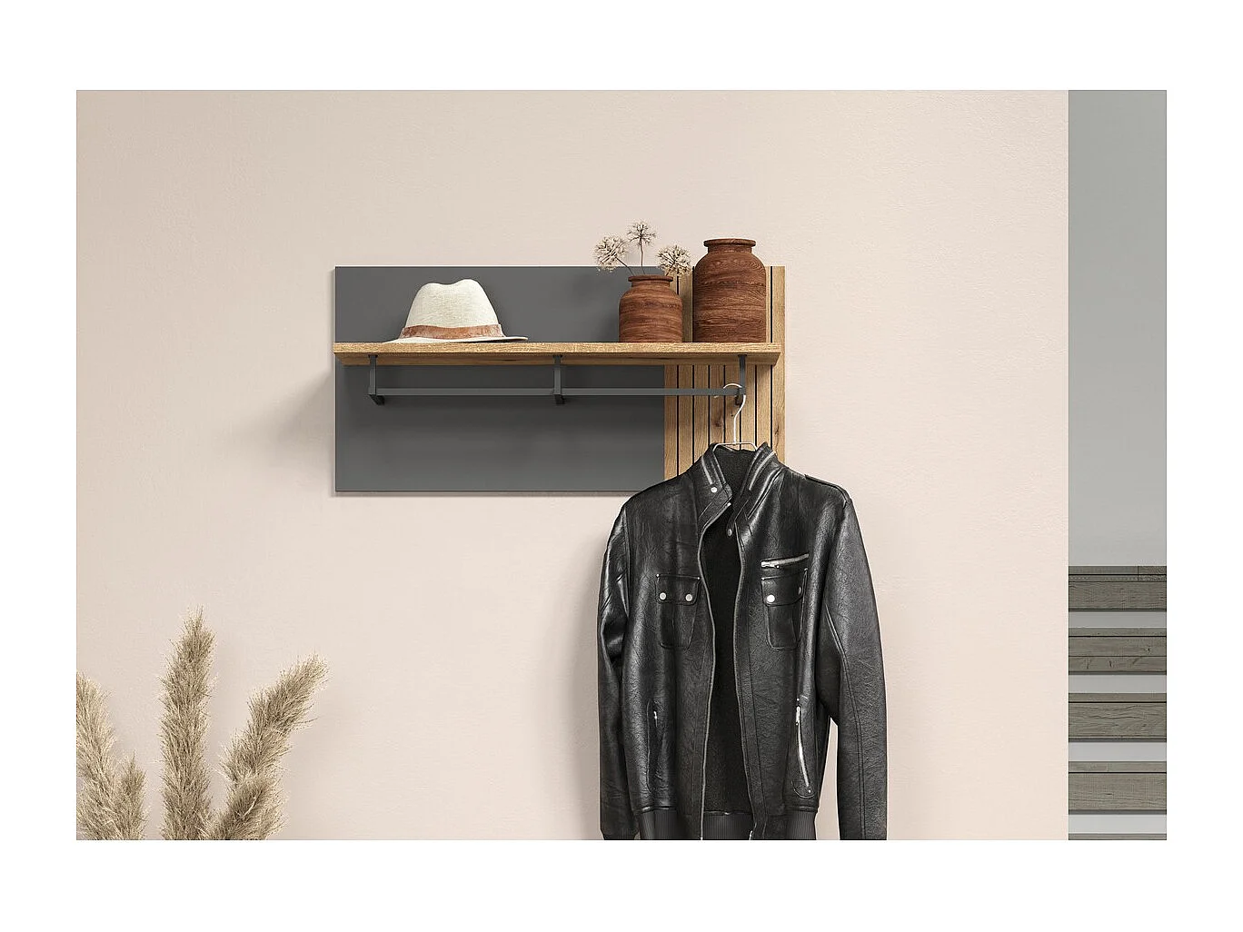 Porte-Manteau Murale Esteban, Anthracite, 80x40x28 cm, Seven Design