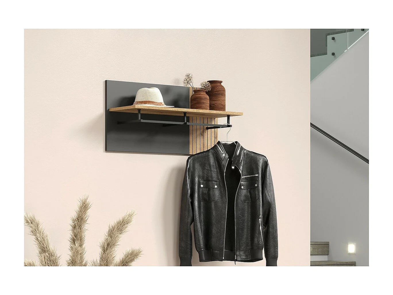 Porte-Manteau Murale Esteban, Anthracite, 80x40x28 cm, Seven Design