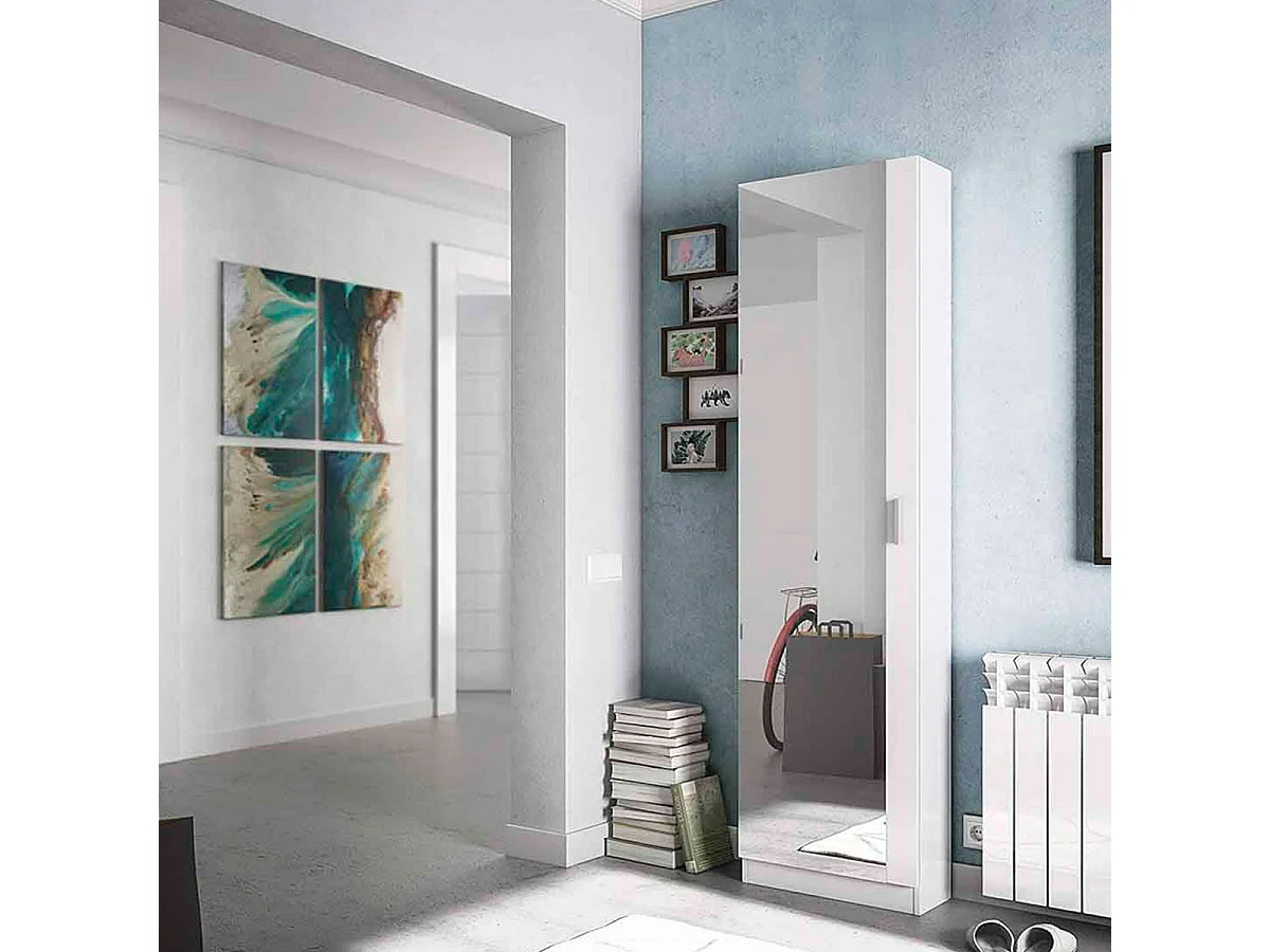 Zapatero Kris 1 puerta + espejo 6 baldas 16 pares blanco 180x50x20 cm