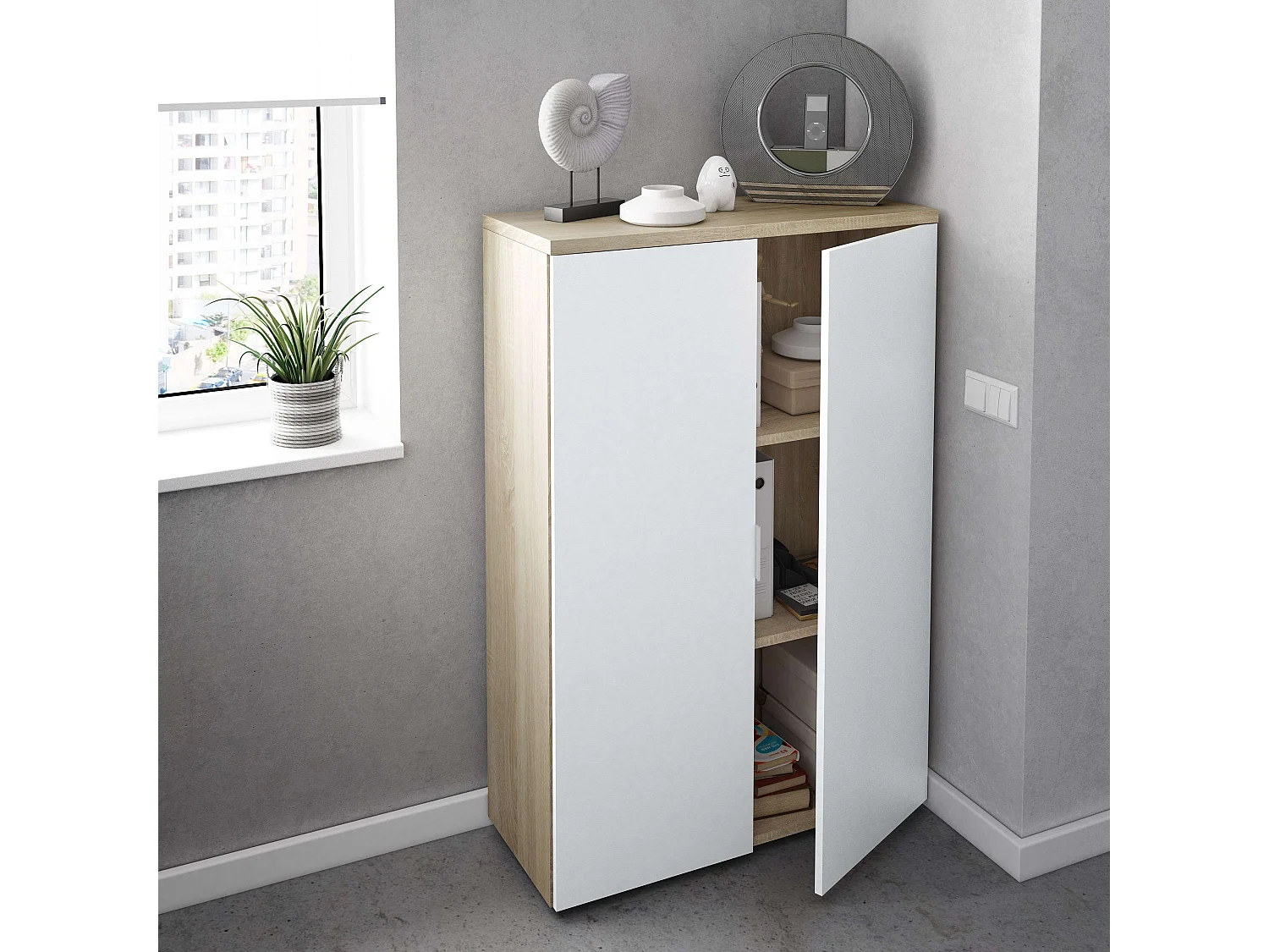 Étagère de bureau en blanc artik et chêne canadien 80x119x33 cm