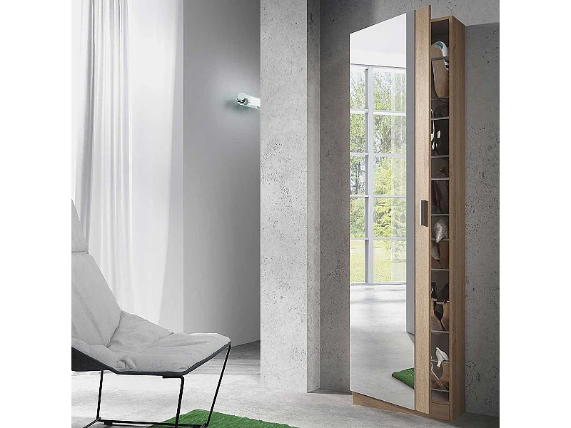 Zapatero Kris 1 puerta + espejo 6 baldas 16 pares roble 180x50x20 cm