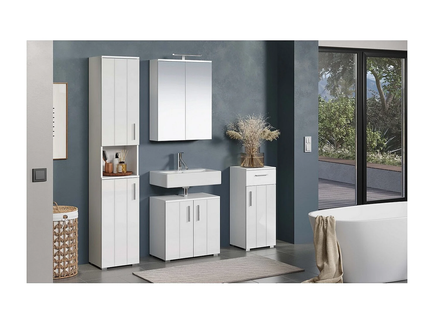 Meuble de Salle de Bain sur Pied Wons, Blanc, 37x31x192 cm, Seven Design