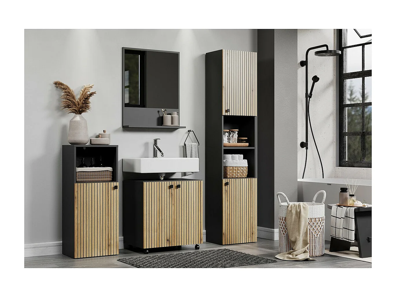 Meuble de Salle de Bain sur Pied Pure, Anthracite, 40x31x186 cm, Seven Design