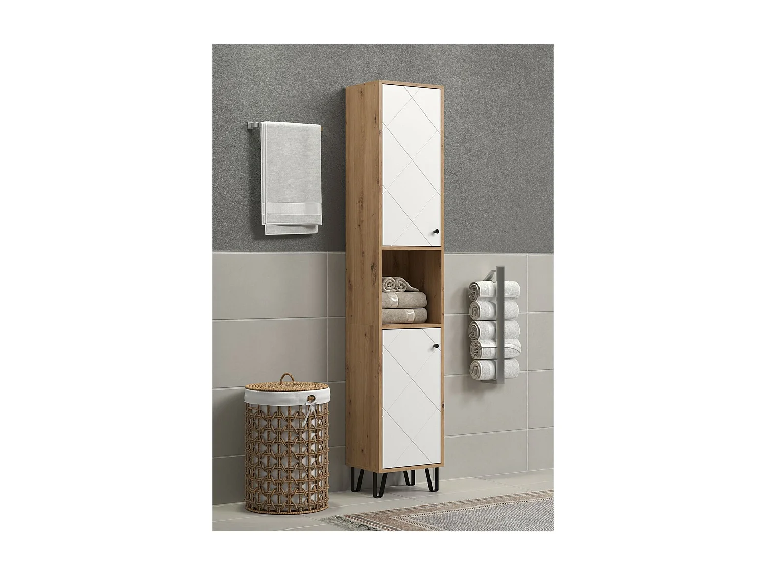 Meuble de Salle de Bain sur Pied Touch, Blanc, 36x29x191 cm, Seven Design