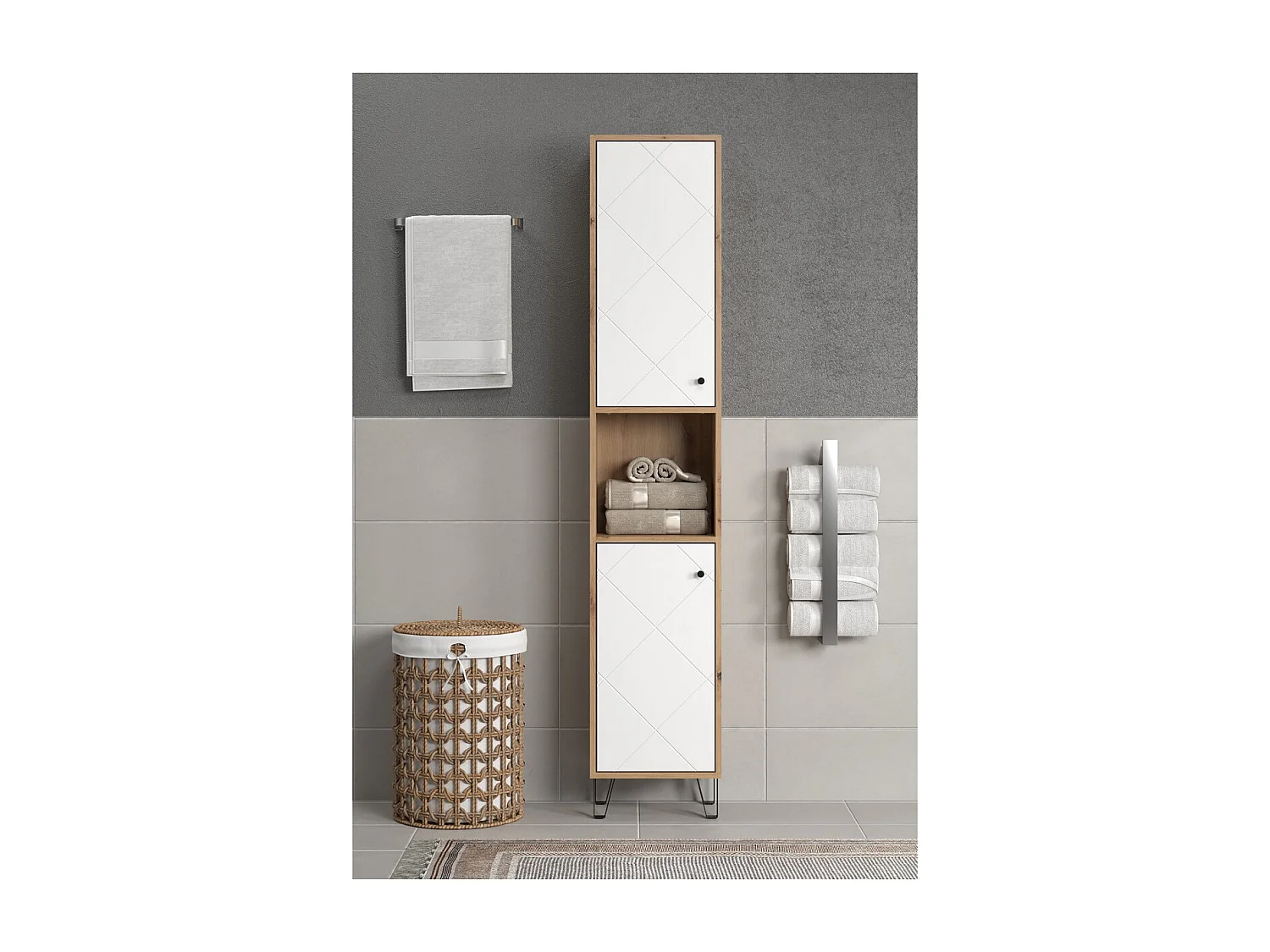 Meuble de Salle de Bain sur Pied Touch, Blanc, 36x29x191 cm, Seven Design