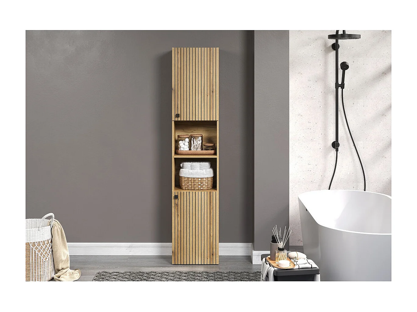 Meuble de Salle de Bain sur Pied Pure, Marron, 40x31x186 cm, Seven Design