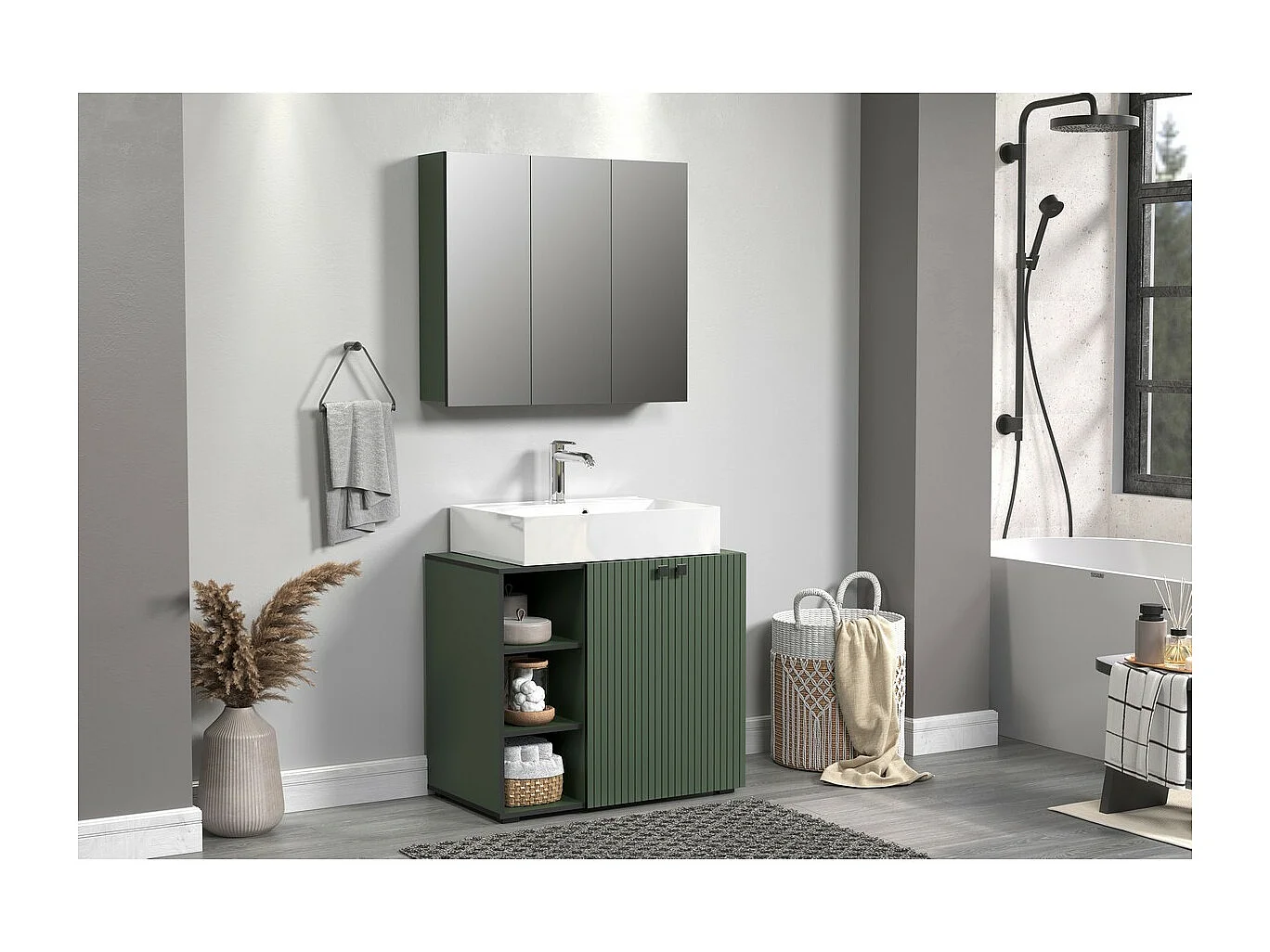 Armoire Murale de Salle de Bain avec Miroir Pure, Vert, 90x20x80 cm, Seven Design