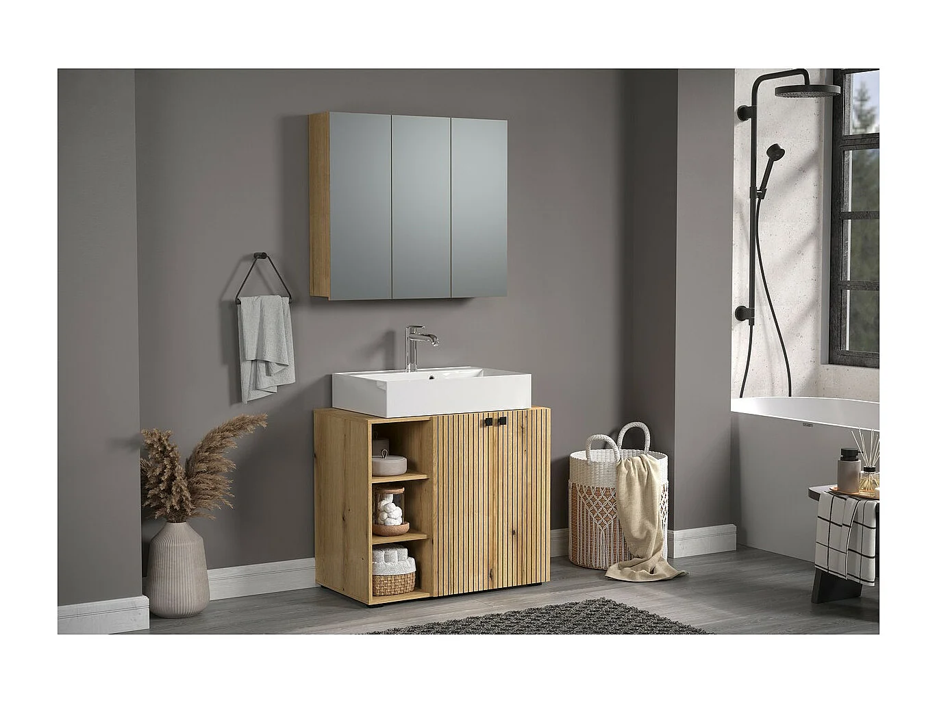 Pensile Bagno con Specchio Pure, Marrone, 90x80x20 cm, EPIKASA