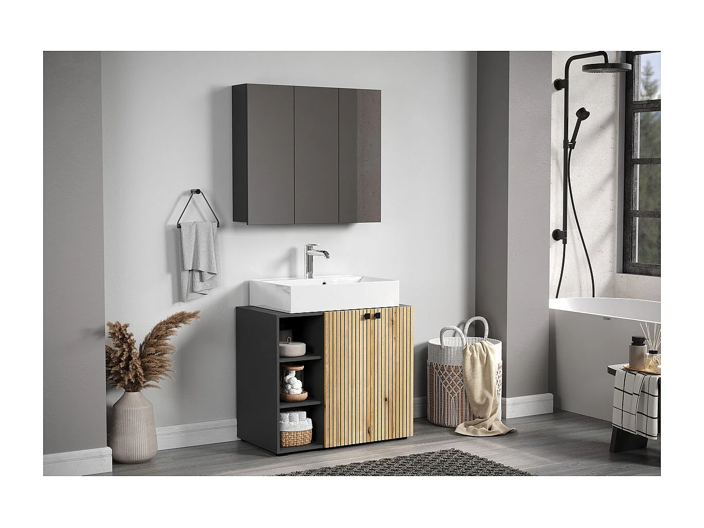 Pensile Bagno con Specchio Pure, Antracite, 90x80x20 cm, EPIKASA
