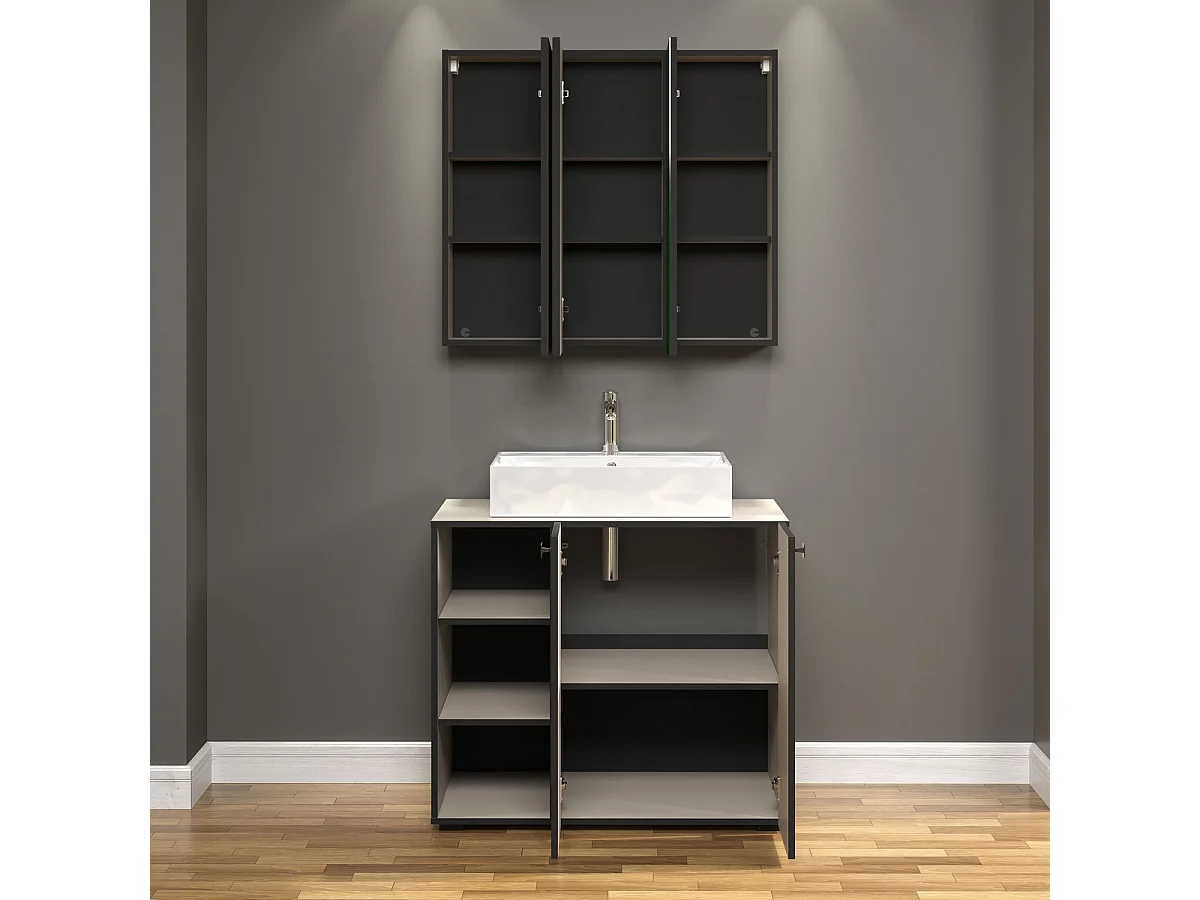 Armoire Murale de Salle de Bain avec Miroir Pure, Gris, 90x20x80 cm, Seven Design