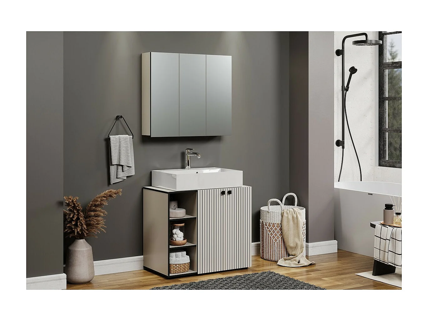 Armoire Murale de Salle de Bain avec Miroir Pure, Gris, 90x20x80 cm, Seven Design
