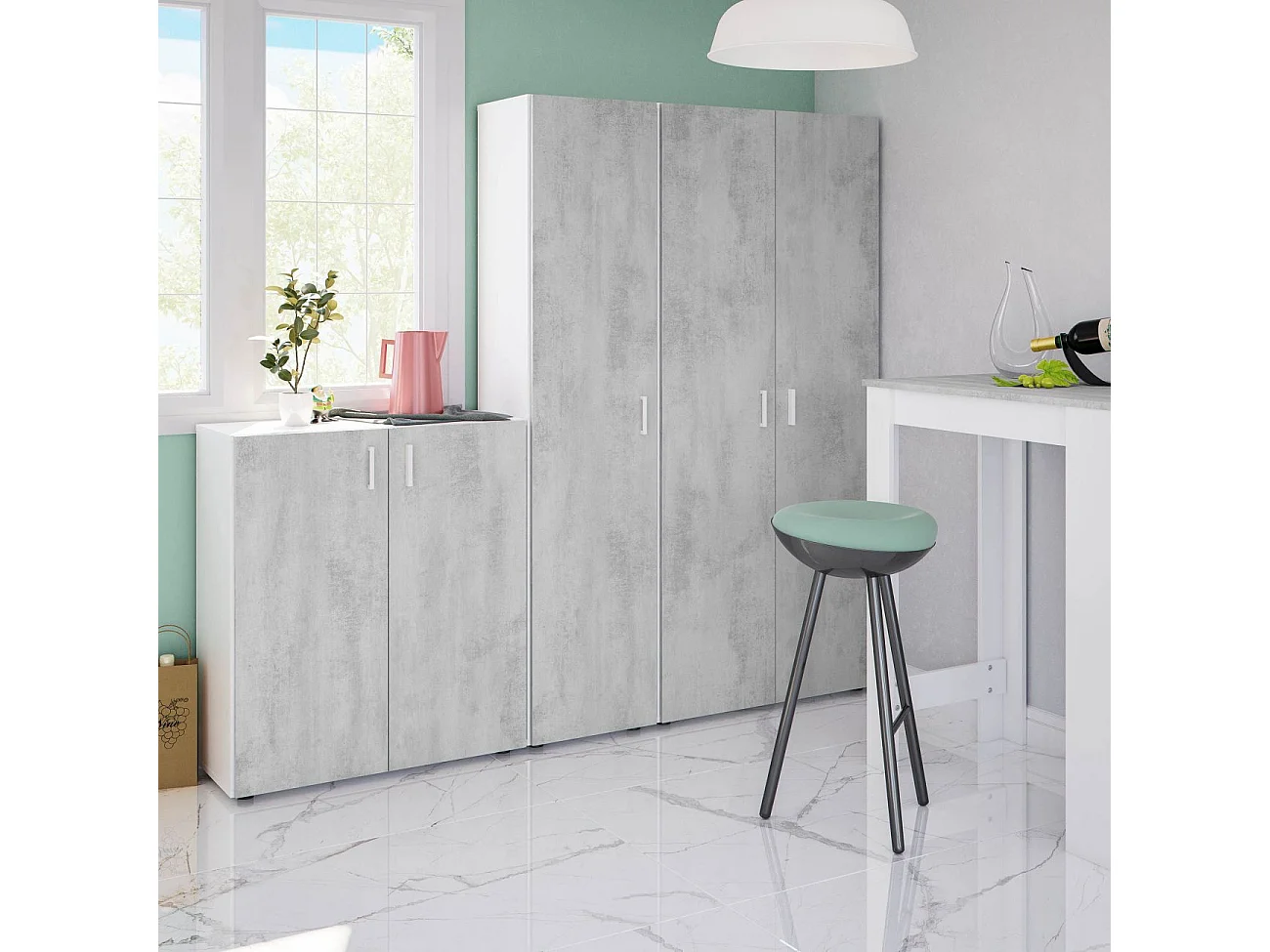 Armario multiusos 1 puerta, 3 estantes, blanco Artik/gris cemento, 182x41x37 cm