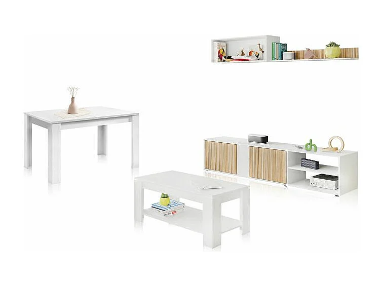 Pack salón con mesa de centro y mesa de comedor Alix Max Blanco Artik (Blanco Mate) - Natur