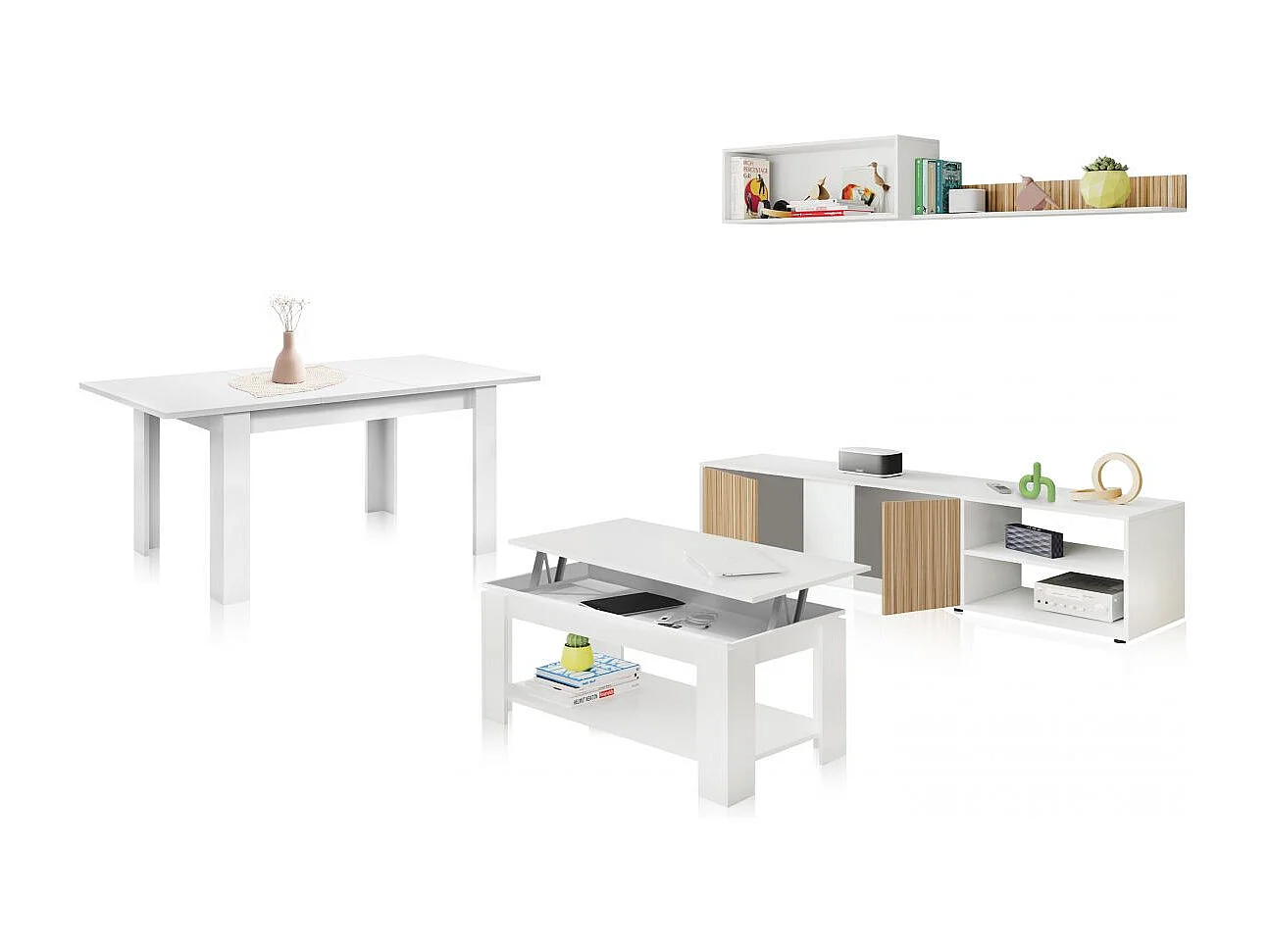 Pack salón con mesa de centro y mesa de comedor Alix Max Blanco Artik (Blanco Mate) - Natur