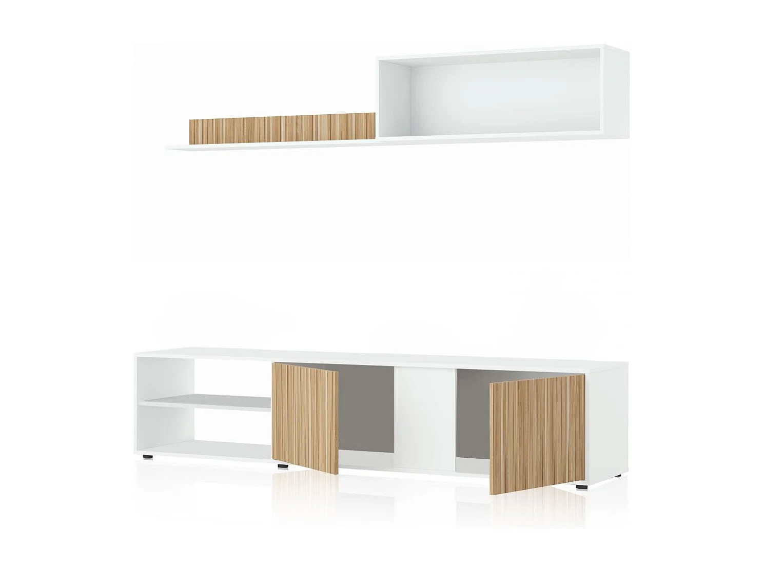 Salón con mueble de TV y estantería en blanco mate y natur 180 cm Alix Blanco Artik (Blanco Mate) - Natur