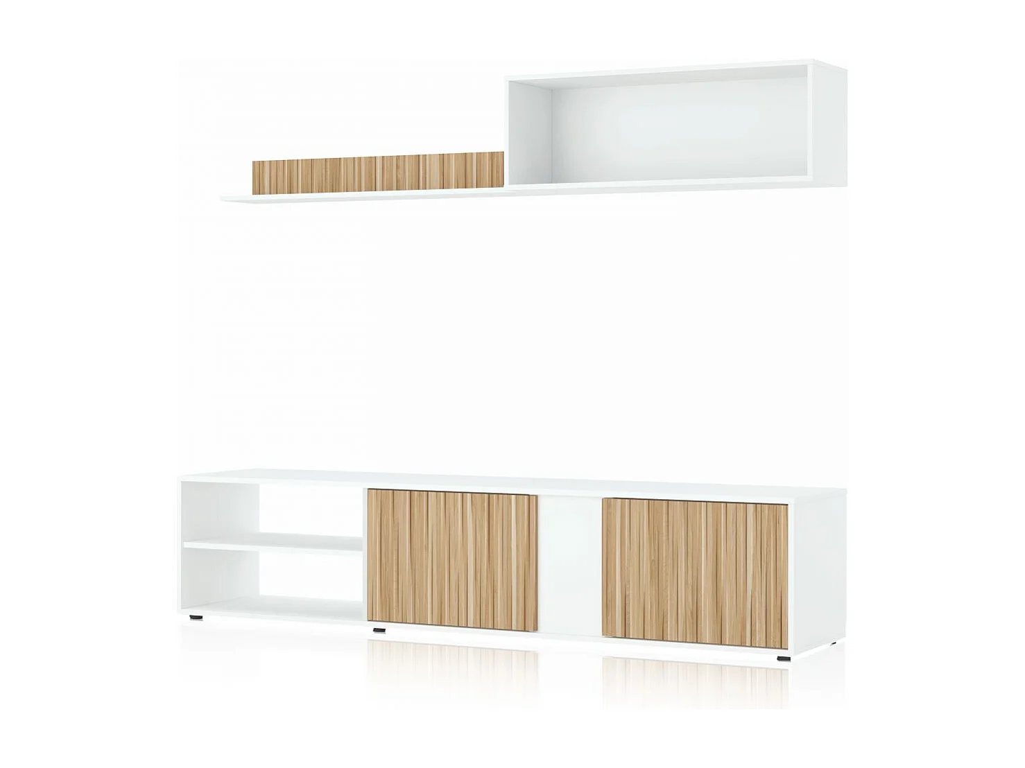 Salón con mueble de TV y estantería en blanco mate y natur 180 cm Alix Blanco Artik (Blanco Mate) - Natur