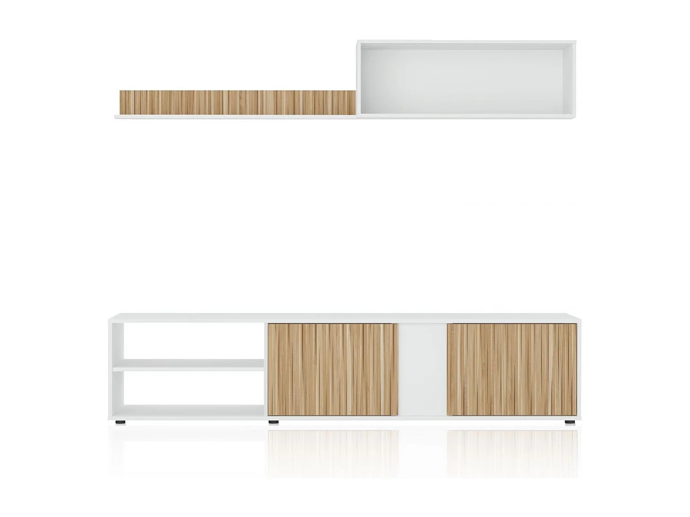 Salón con mueble de TV y estantería en blanco mate y natur 180 cm Alix Blanco Artik (Blanco Mate) - Natur