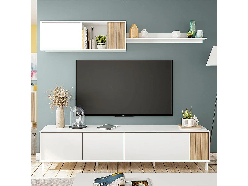 Composición de salón Ethna mueble bajo TV + módulo superior blanco Artik/natural