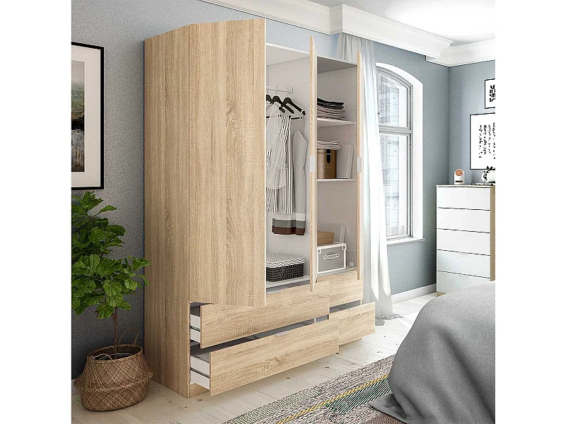 Armario LC 3 puertas + 4 cajones roble 200x135x52 cm