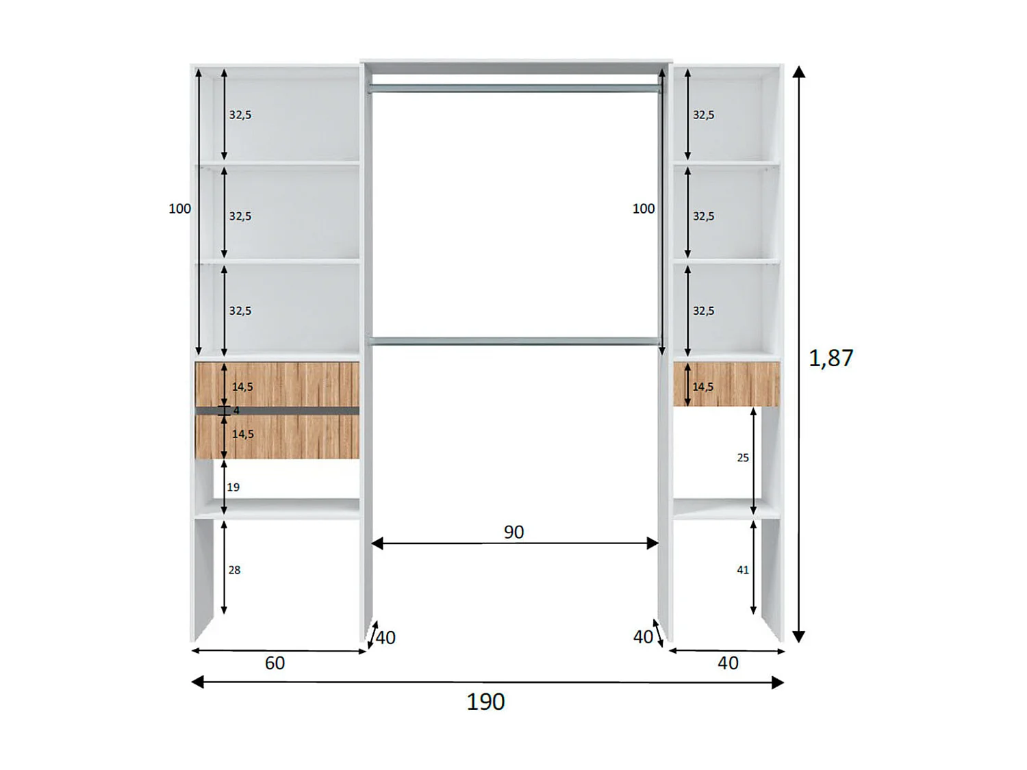 Quarto de vestir Ethna Branco Artik/Natur Moderno 190x187x40 cm