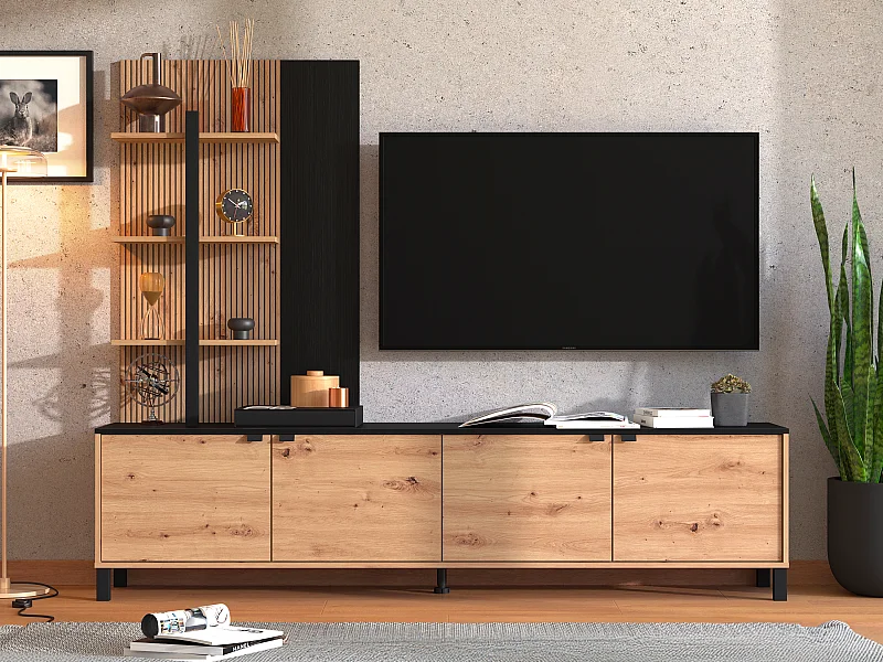 Mur TV avec 4 portes et 3 étagères - Naturel et Noir - NUJA