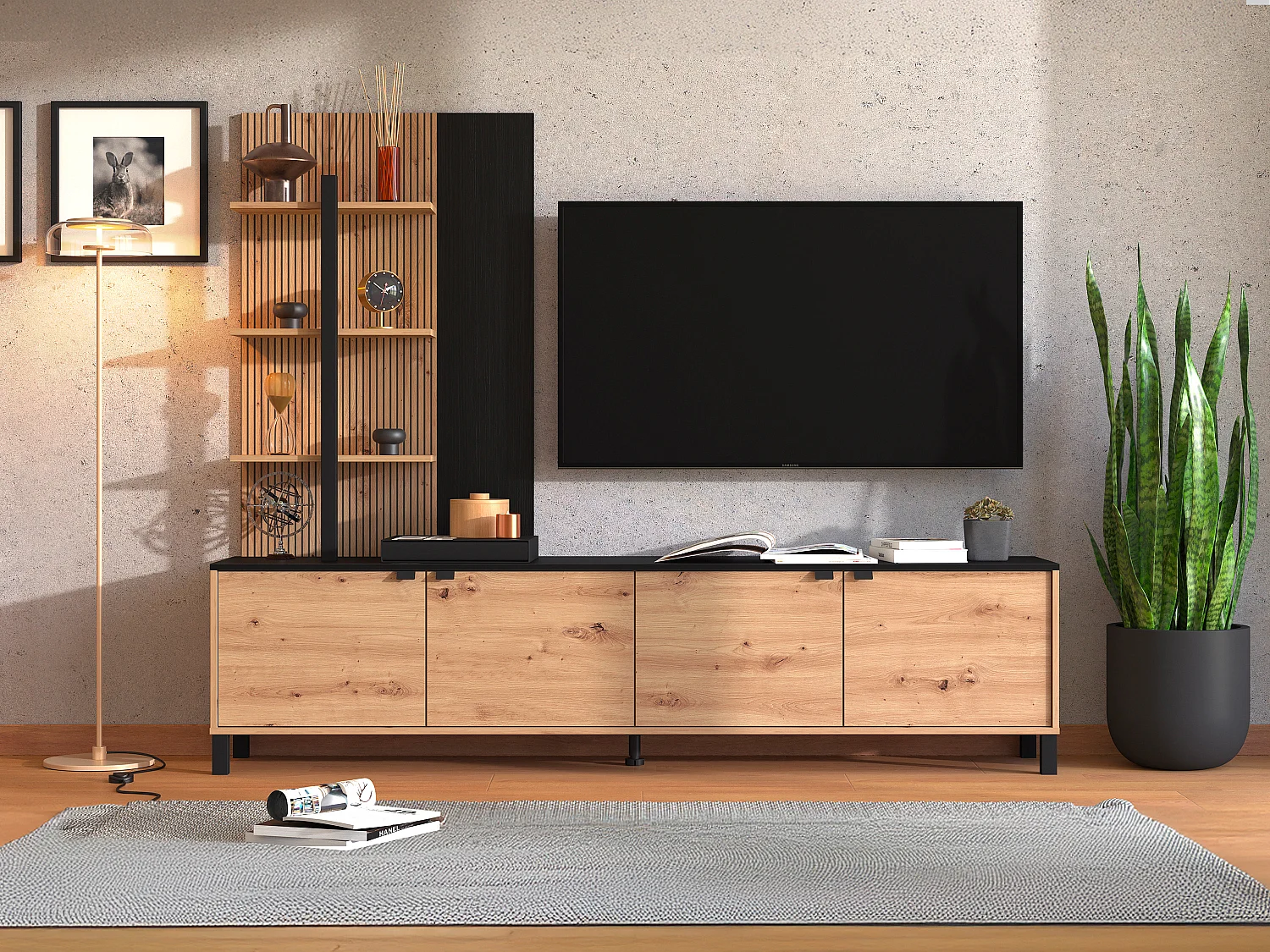 Mur TV avec 4 portes et 3 étagères - Naturel et Noir - NUJA