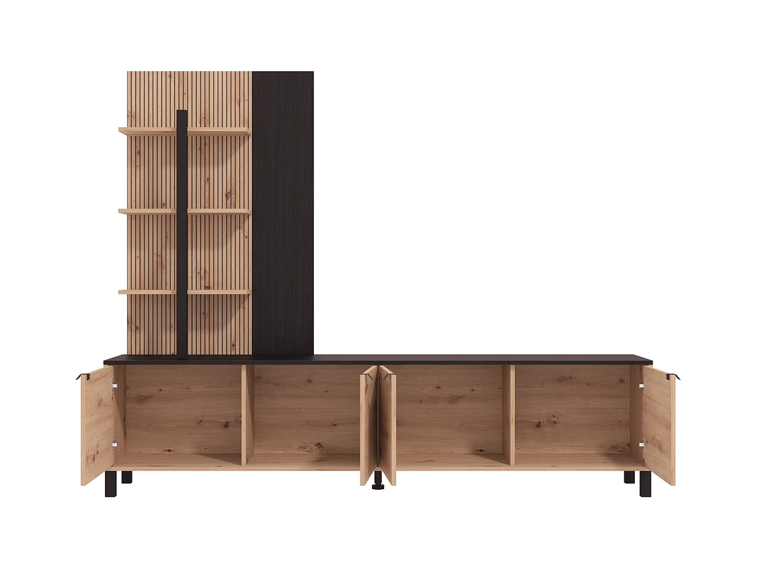 Mueble de TV con 4 puertas y 3 estantes - Natural y negro - NUJA