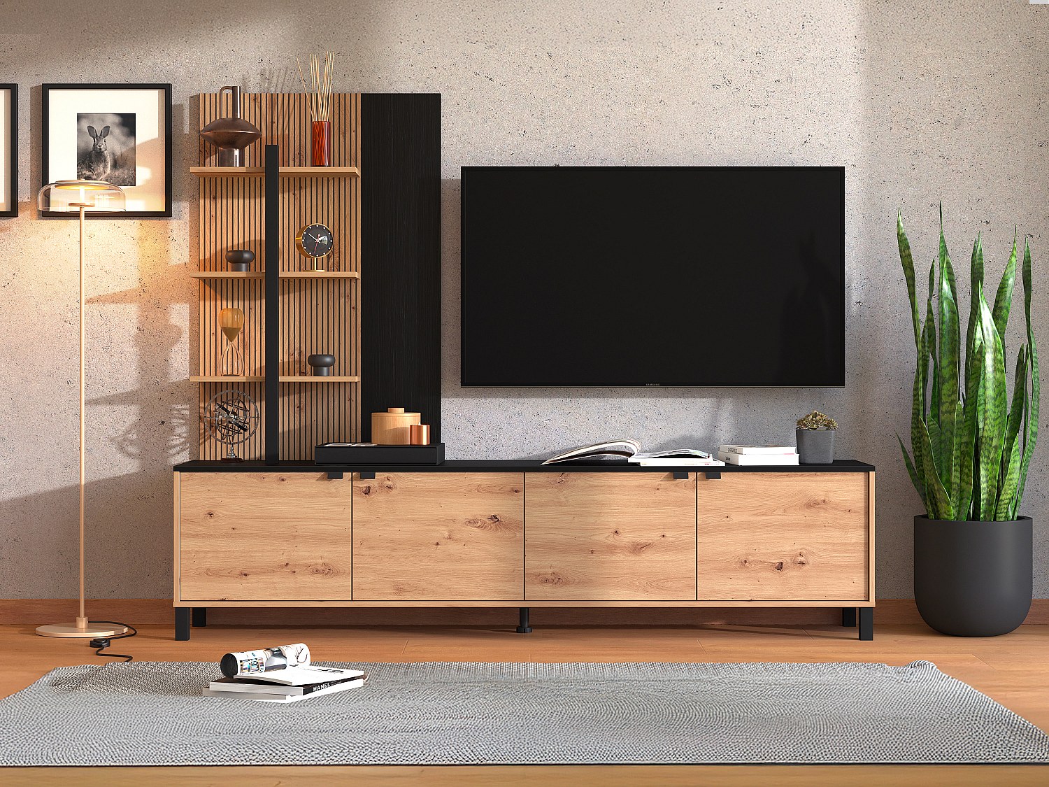 TV-Wand mit 4 Türen & 3 Regalen - Holzfarben & Schwarz - NUJA günstig online kaufen