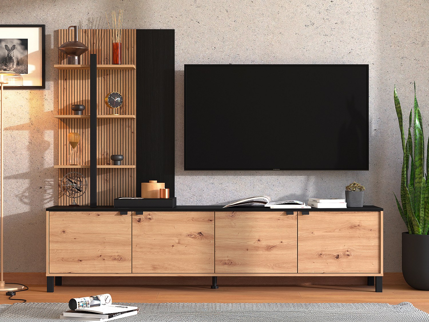 TV-vägg med 4 dörrar och 3 hyllor - Natur och Svart - NUJA