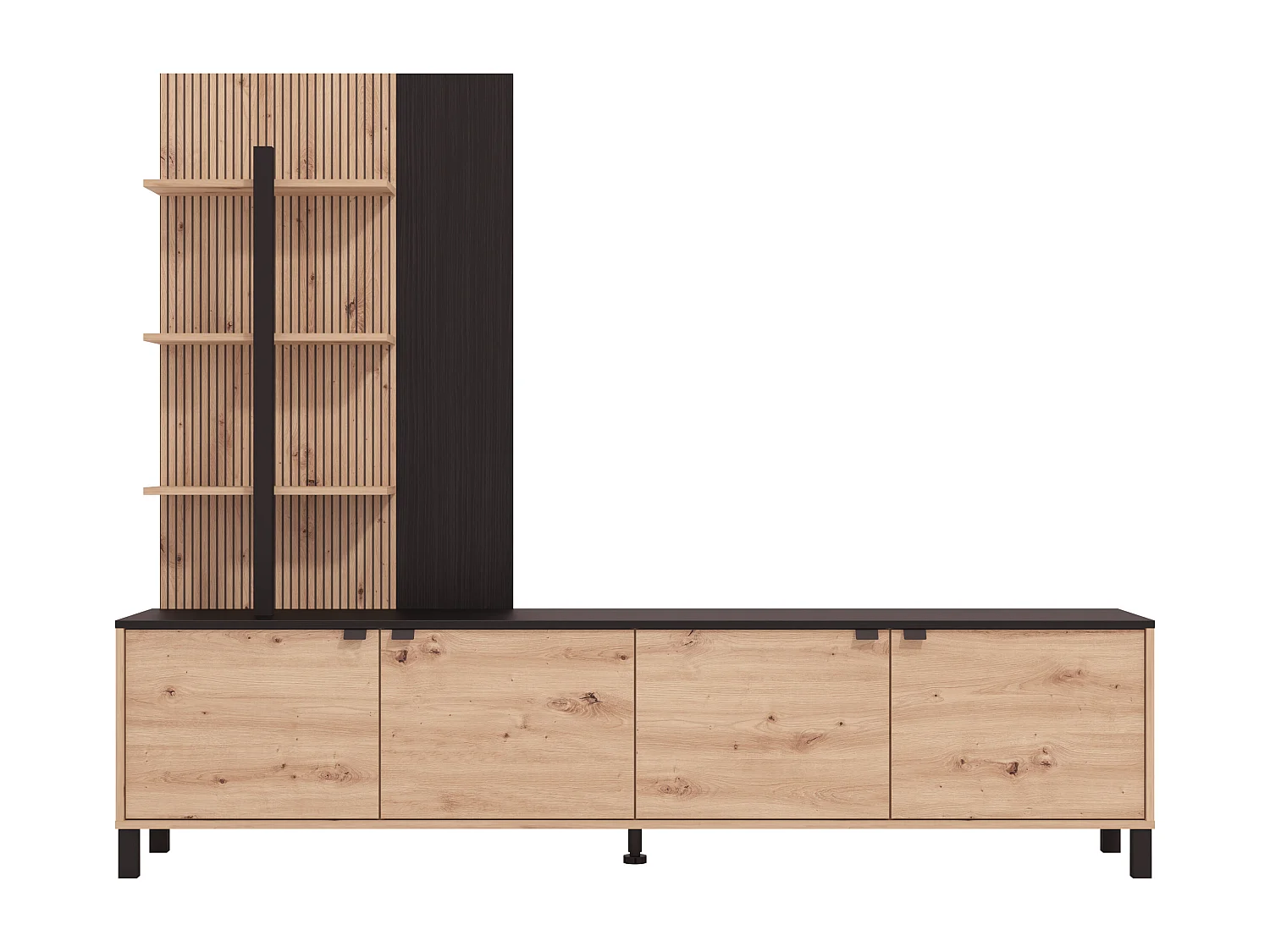 Mur TV avec 4 portes et 3 étagères - Naturel et Noir - NUJA