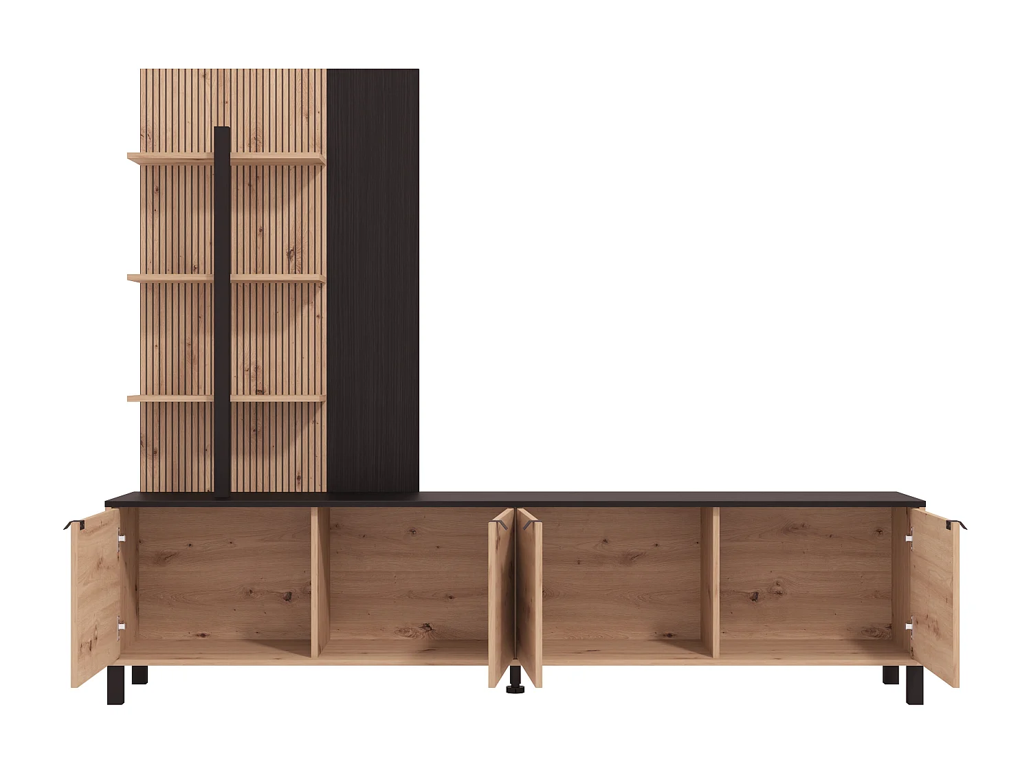 Mur TV avec 4 portes et 3 étagères - Naturel et Noir - NUJA