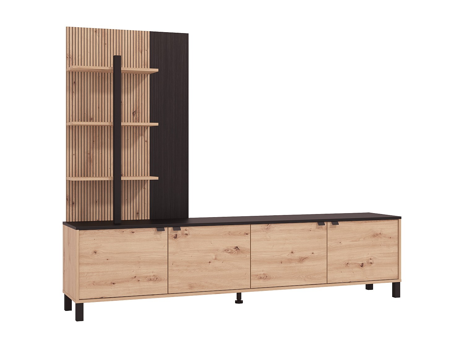 TV-Wand mit 4 Türen & 3 Regalen - Holzfarben & Schwarz - NUJA günstig online kaufen