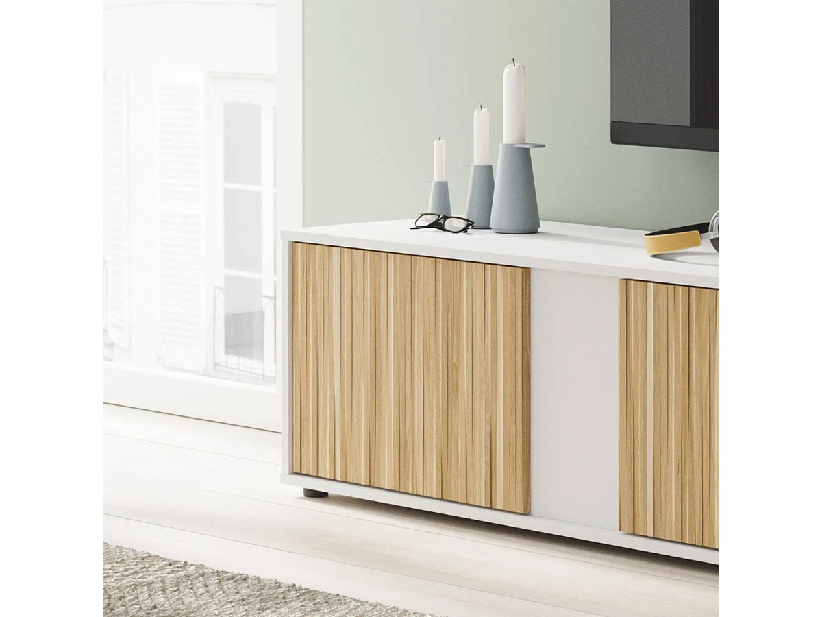 Meubles de salon Ecco, Artik blanc et chêne naturel, taille 180 cm