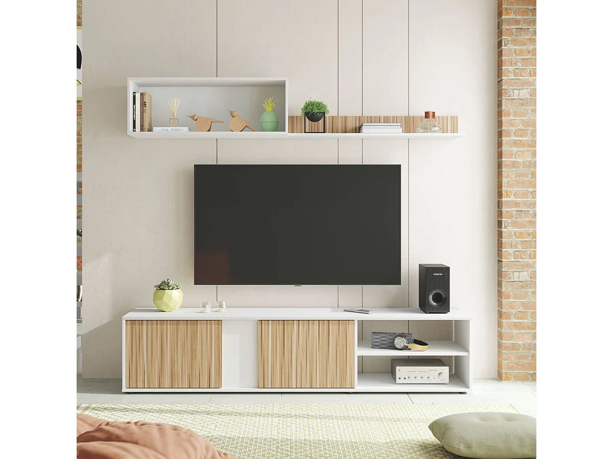 Mueble de salón reversible COSEY de 180 cm en color blanco artik y natur