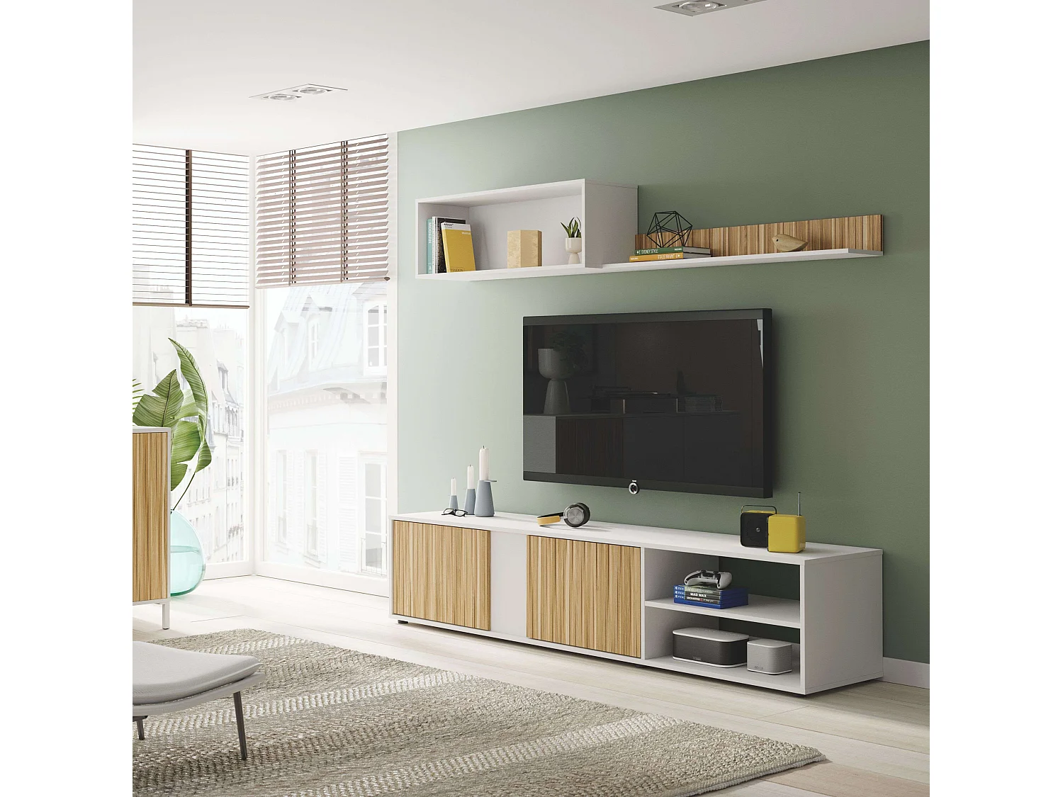 Mueble de salón reversible COSEY de 180 cm en color blanco artik y natur