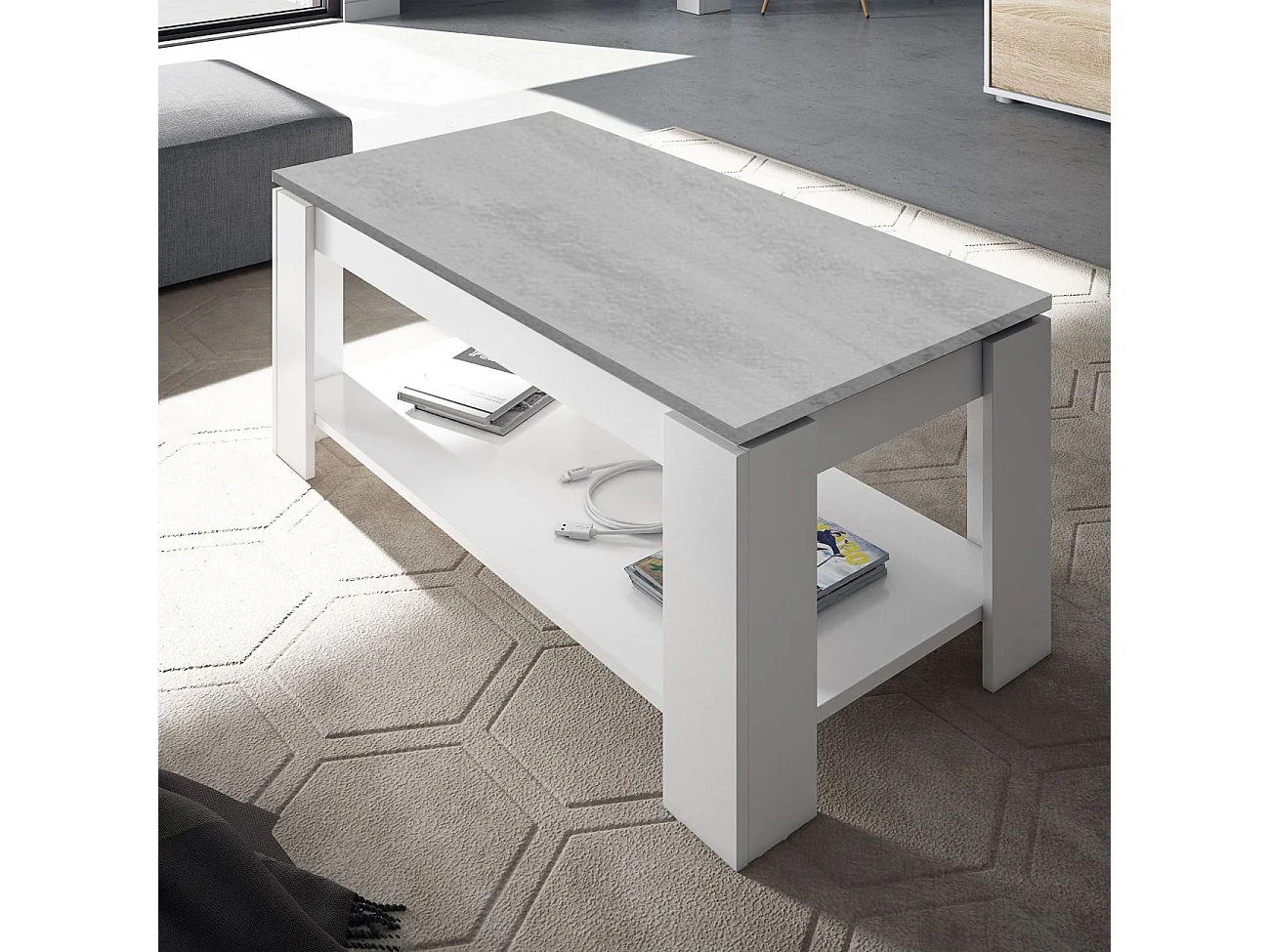 Mesa de centro elevable Ambit Blanco Artik (Blanco Mate) - Gris Cemento