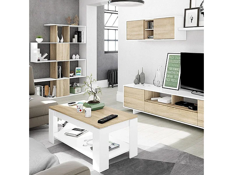 Mesa de centro elevable Ambit Blanco Artik (Blanco Mate) - Roble Canadian