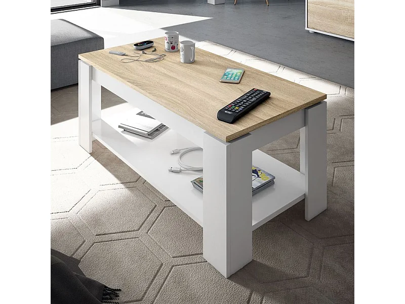 Mesa de centro elevable Ambit Blanco Artik (Blanco Mate) - Roble Canadian