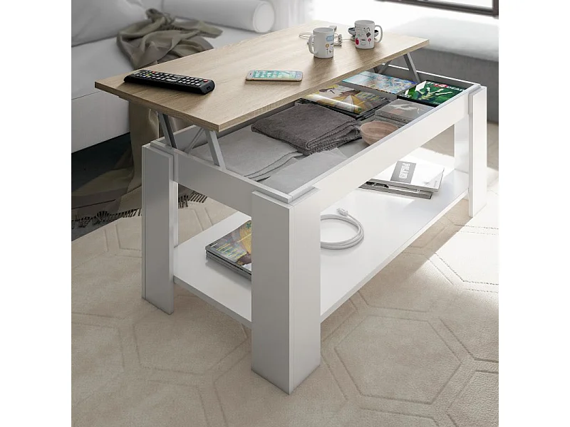 Mesa de centro elevable Ambit Blanco Artik (Blanco Mate) - Roble Canadian
