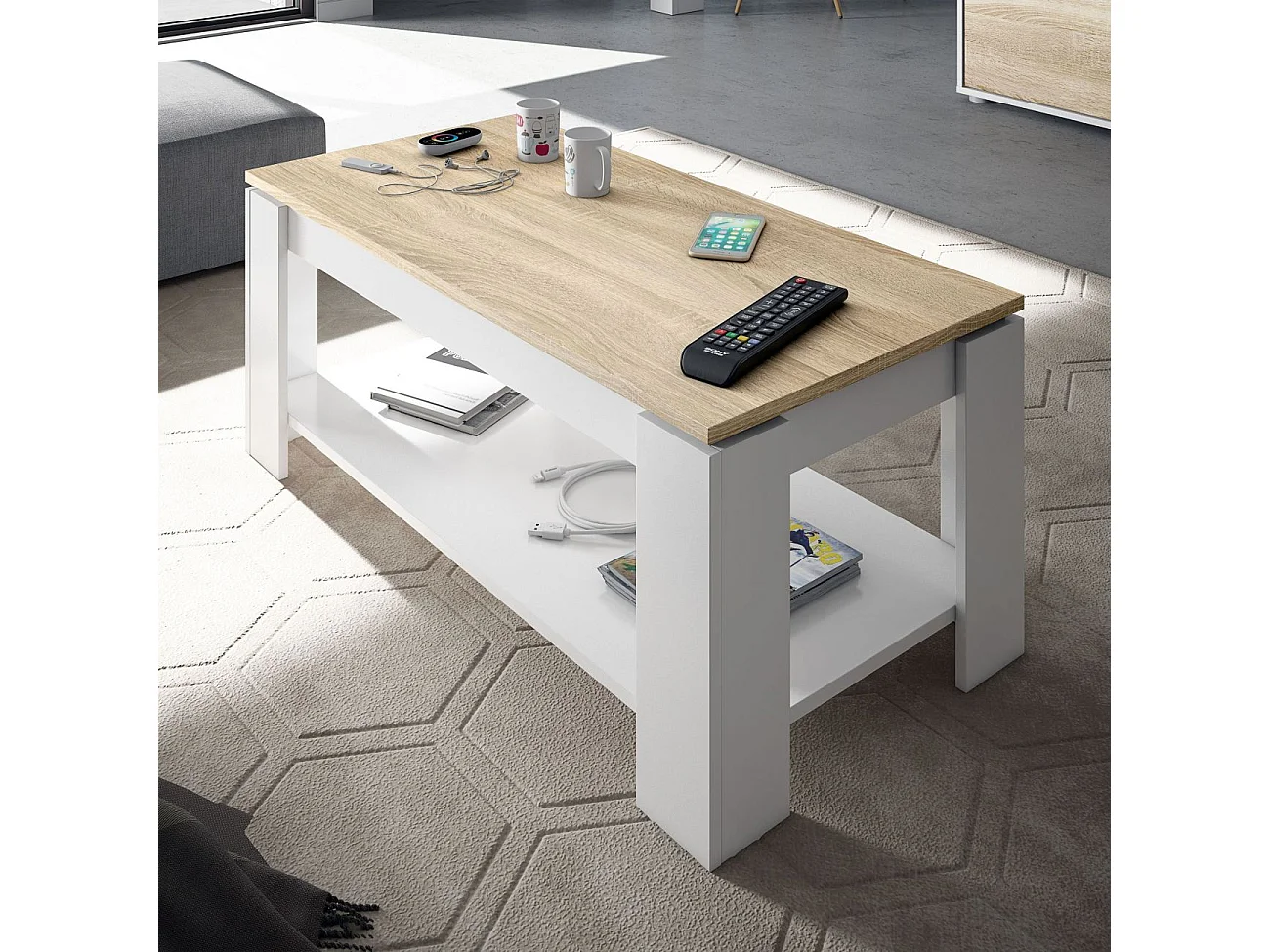 Mesa de centro elevable Ambit Blanco Artik (Blanco Mate) - Roble Canadian