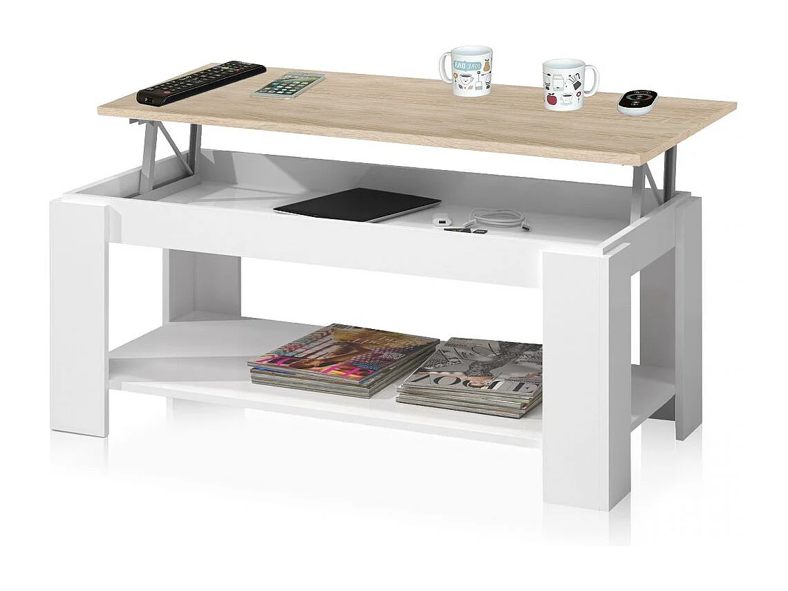 Mesa de centro elevable Ambit Blanco Artik (Blanco Mate) - Roble Canadian