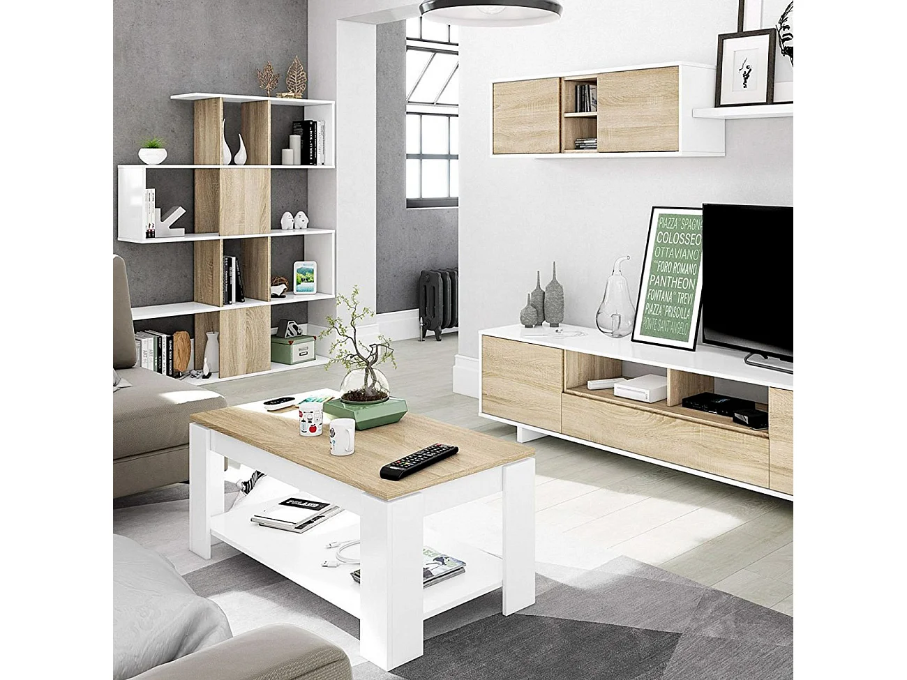 Mesa de centro elevable Ambit Blanco Artik (Blanco Mate) - Roble Canadian