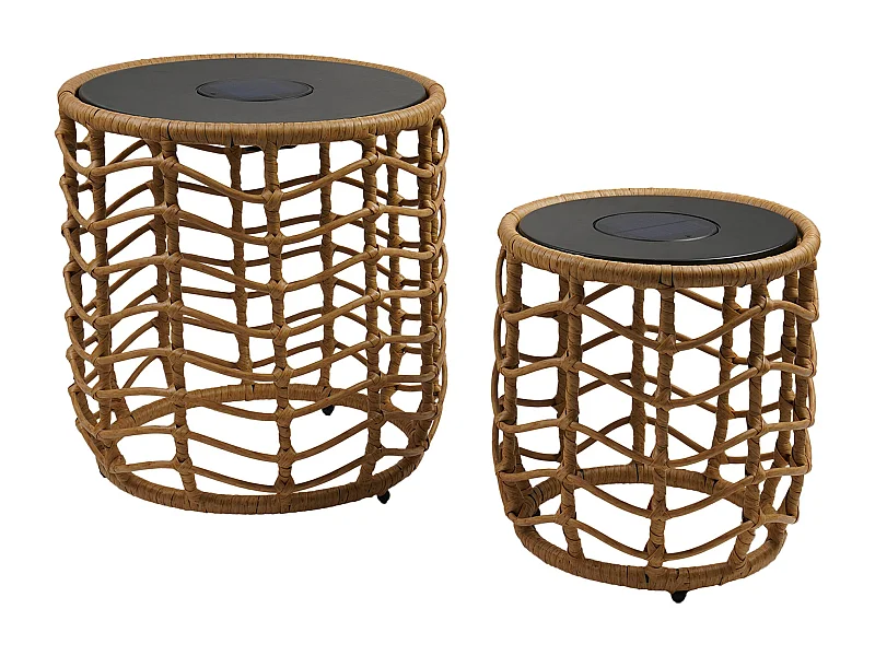 Lot de 2 tables basses solaire NERITA Bois Poly rotin 35 cm et 45 cm