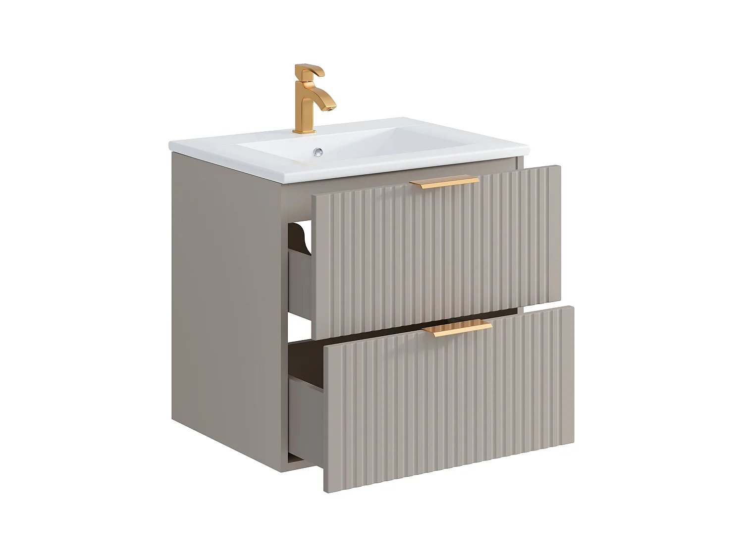 Geribbeld hangmeubel voor badkamer met inbouwwastafel - Beige - 60 cm - ZEVARA