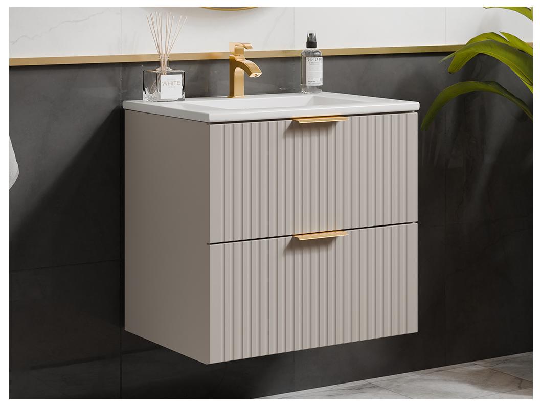 Meuble de salle de bain suspendu strié avec vasque à encastrer - Beige - 60 cm - ZEVARA