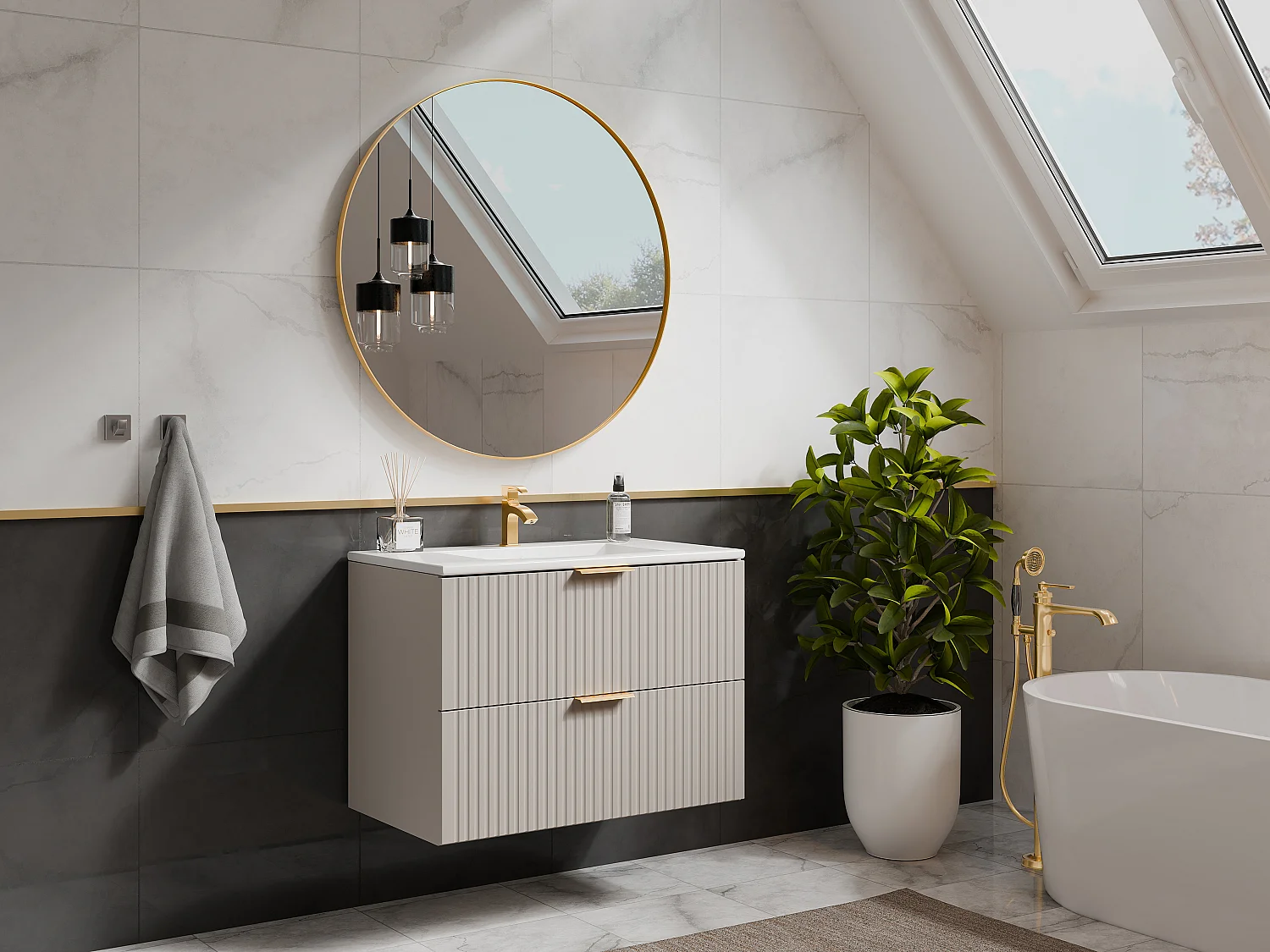 Meuble de salle de bain suspendu strié avec vasque à encastrer - Beige - 80 cm - ZEVARA